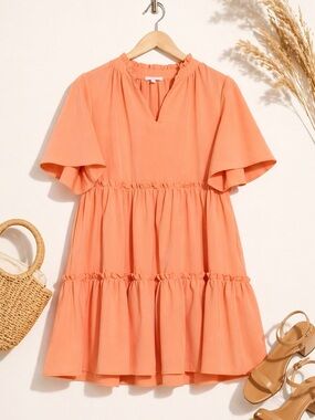 NWT Area Stars Coral Tiered Trapeze Dress Split Neck Flutter Sleeve Pockets M